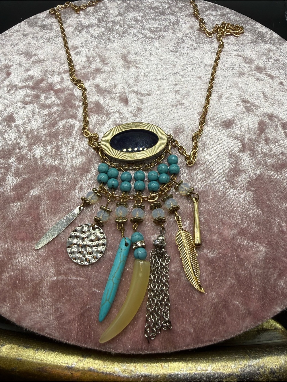 Boho Turquoise Bead Fringe Pendant Necklace - Unbranded